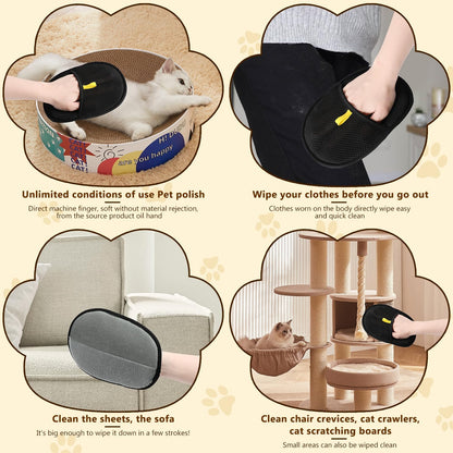 Pet hair glove shown in household fabric-cleaning and grooming examples