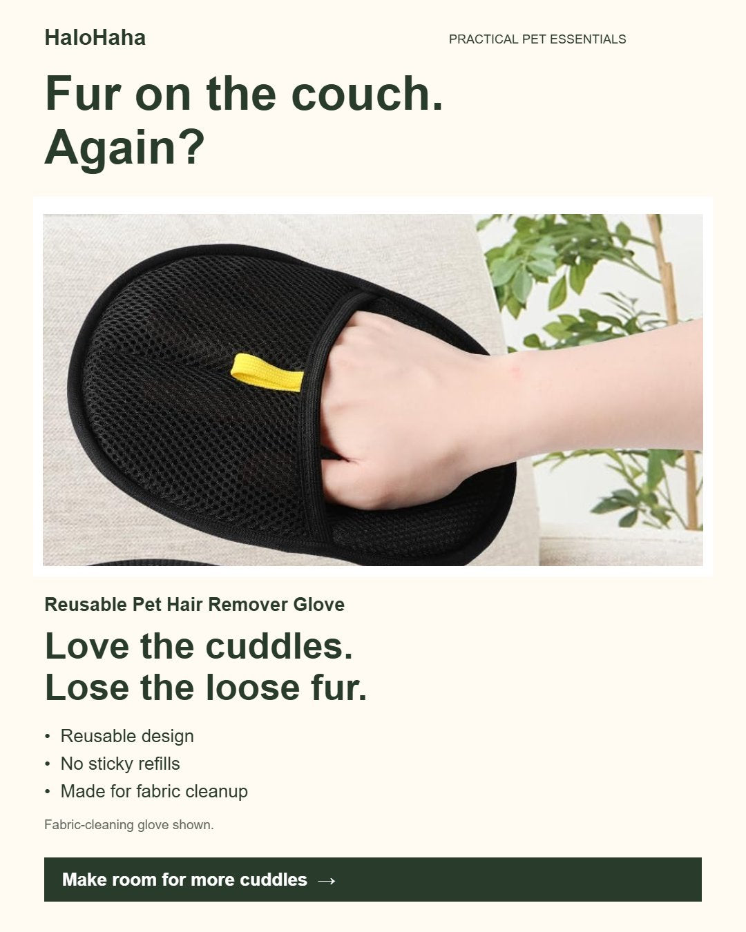 HaloHaha reusable fabric-cleaning glove benefit guide, using the original product photograph.